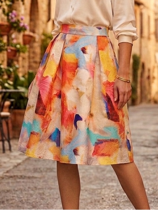 H&M Dresses & Skirts - H&M Multicolor Abstract A-Line Skirt in Coral, Yellow & Blue